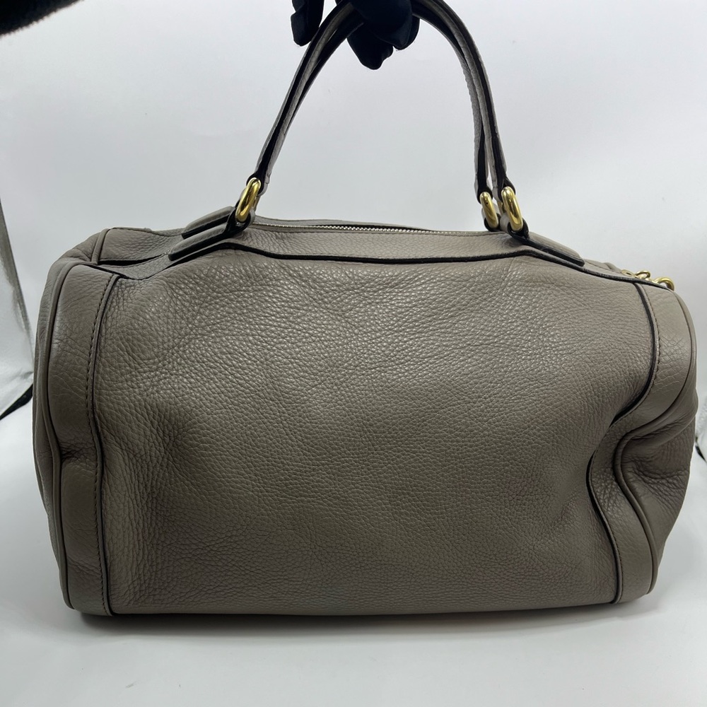 Gucci Pebbled Leather Double Handle Boston Soho Handbag w/ Tassel Accents Taupe